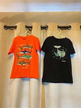 Kids' 2 pack Orange Shark & Navy Blue Whale Print Short Sleeve Tees, Sz Large!